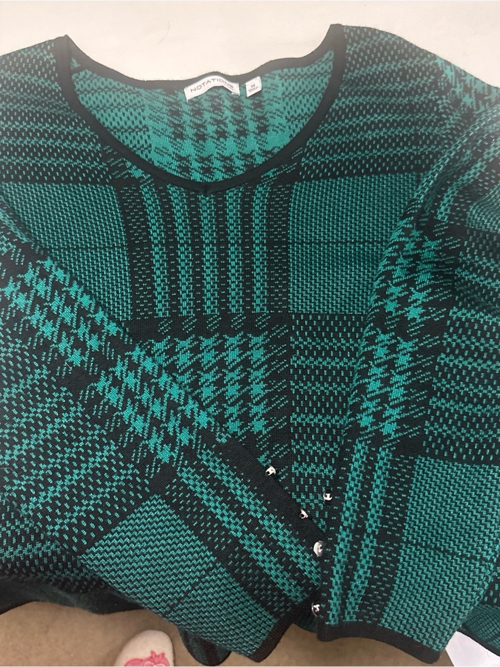 Notations Teal and Black Plaid Crewneck Sweater
